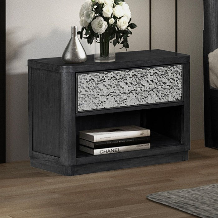FM79001ES-4PC 4 pc Sterling west ash grey finish wood stainless steel panels queen bedroom set USB plugs