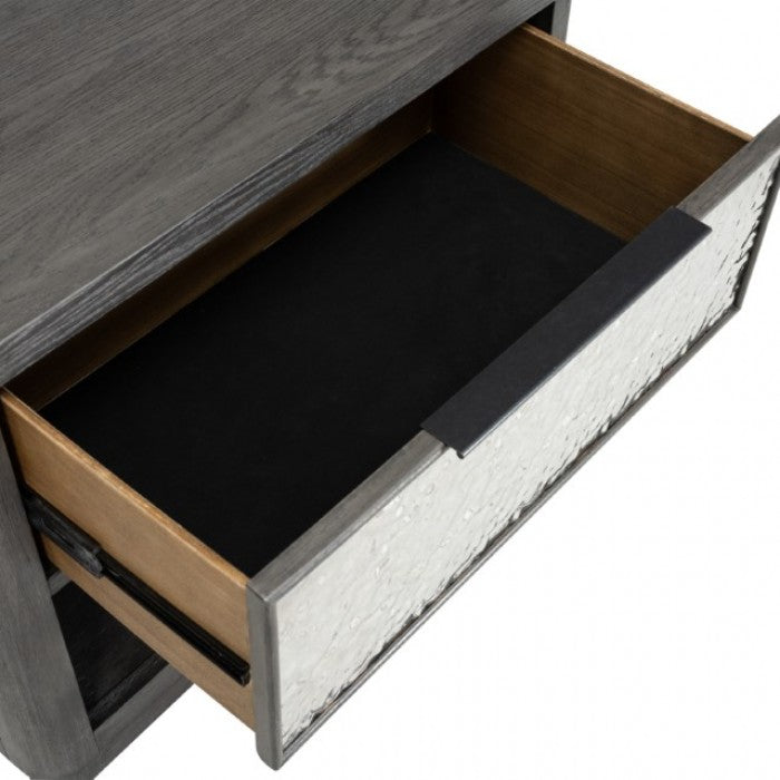 FM79001ES-4PC 4 pc Sterling west ash grey finish wood stainless steel panels queen bedroom set USB plugs