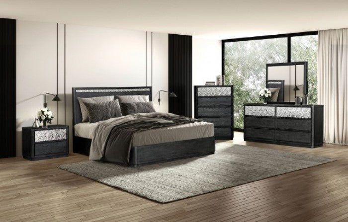 FM79001ES-4PC 4 pc Sterling west ash grey finish wood stainless steel panels queen bedroom set USB plugs