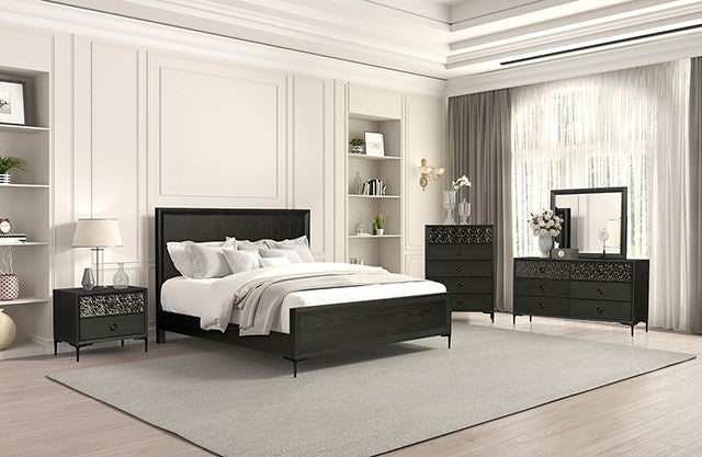 FM79008ES-4PC 4 pc Bashford espresso finish wood dented stainless steel accents queen bedroom set USB plugs