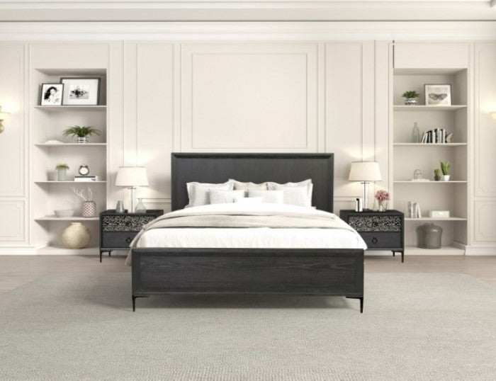 FM79008ES-4PC 4 pc Bashford espresso finish wood dented stainless steel accents queen bedroom set USB plugs