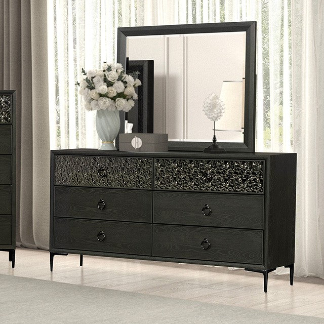 FM79008ES-4PC 4 pc Bashford espresso finish wood dented stainless steel accents queen bedroom set USB plugs
