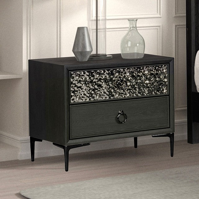 FM79008ES-4PC 4 pc Bashford espresso finish wood dented stainless steel accents queen bedroom set USB plugs