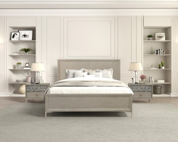 FM79008NT-4PC 4 pc Bashford natural oak finish wood dented stainless steel accents queen bedroom set USB plugs