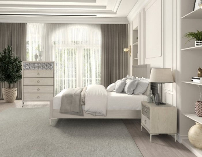 FM79008NT-4PC 4 pc Bashford natural oak finish wood dented stainless steel accents queen bedroom set USB plugs