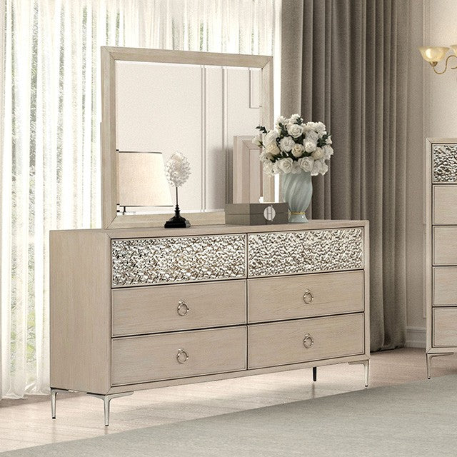 FM79008NT-4PC 4 pc Bashford natural oak finish wood dented stainless steel accents queen bedroom set USB plugs