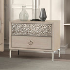 FM79008NT-4PC 4 pc Bashford natural oak finish wood dented stainless steel accents queen bedroom set USB plugs