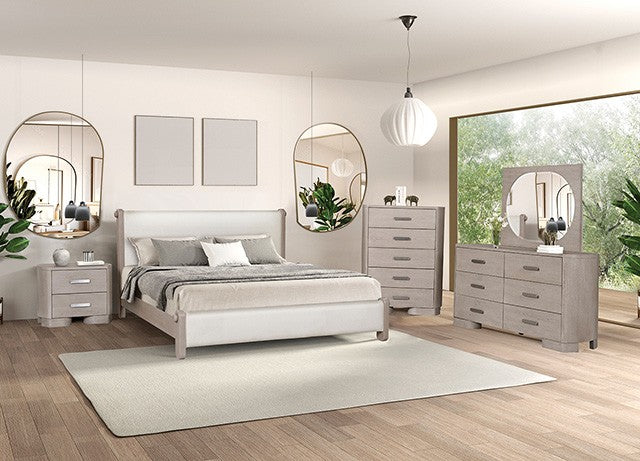 FM79010AK-4PC 4 pc Pocatello white oak finish wood fabric upholstered headboard queen bedroom set USB plugs