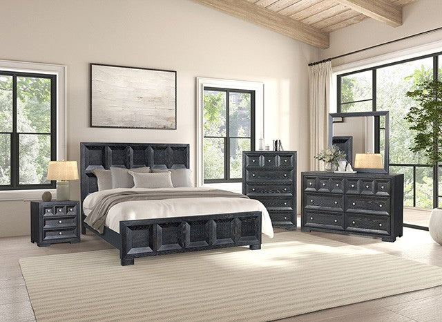 FM79011BK-4PC 4 pc Hatton cross weathered black finish wood paneled queen bedroom set USB plugs