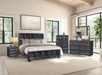 FM79011BK-4PC 4 pc Hatton cross weathered black finish wood paneled queen bedroom set USB plugs