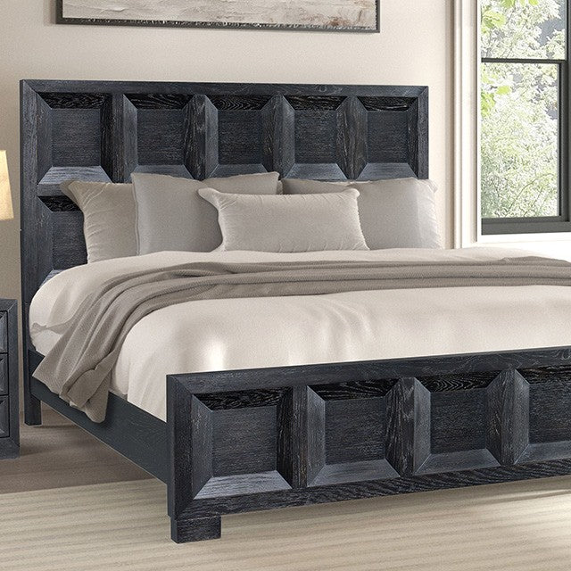 FM79011BK-4PC 4 pc Hatton cross weathered black finish wood paneled queen bedroom set USB plugs