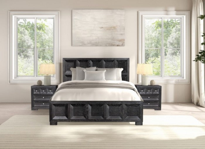 FM79011BK-4PC 4 pc Hatton cross weathered black finish wood paneled queen bedroom set USB plugs