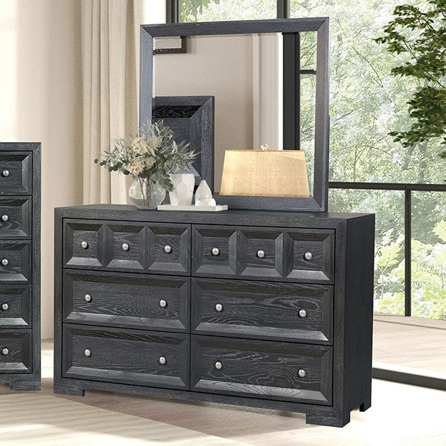 FM79021BK-4PC 4 pc Hatton cross weathered black finish wood panel queen bedroom set USB plugs