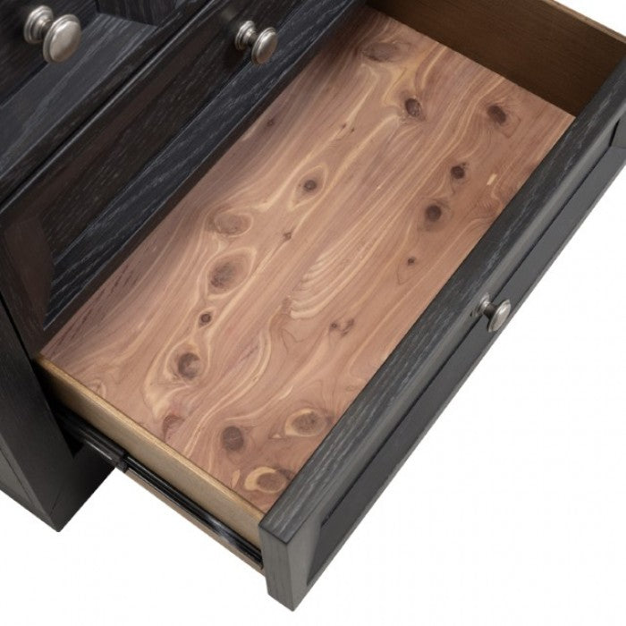 FM79011BK-4PC 4 pc Hatton cross weathered black finish wood paneled queen bedroom set USB plugs