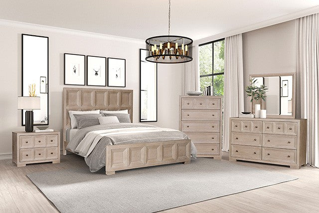 FM79011NT-4PC 4 pc Hatton cross weathered natural tawny finish wood paneled queen bedroom set USB plugs