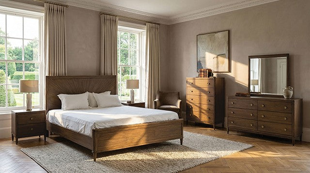 FM79018WN-4PC 4 pc Clarksburg walnut finish wood mid-century modern queen bedroom set
