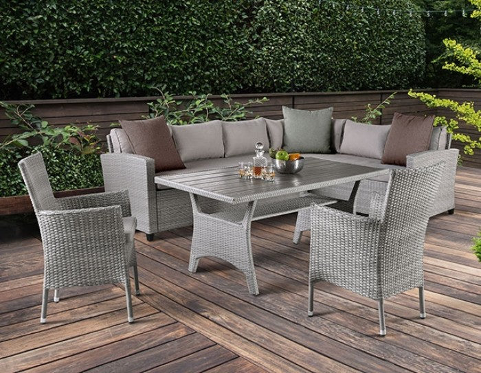 FM80001GG-SET 3 pc Palm Springs grey rattan wicker and steel frame patio dining table set with sectional seating