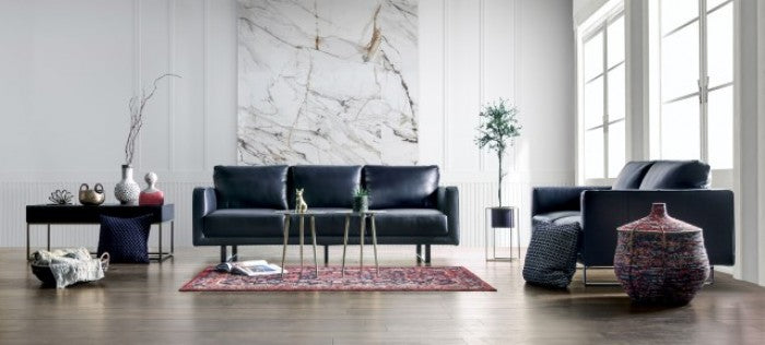FM90000-SL 2 pc Mezzanotte midnight blue italian leather sofa and love seat set modern with track arms