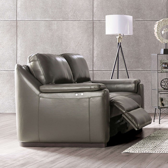FM90002GY-SL-PM 2 pc Altamura grey italian leather sofa and love seat set modern with squared arms power recliner USB