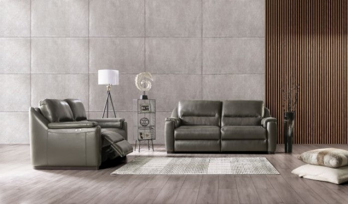 FM90002GY-SL-PM 2 pc Altamura grey italian leather sofa and love seat set modern with squared arms power recliner USB
