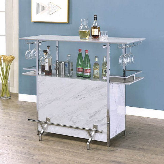 FOA-BT8343 Rianna white finish faux marble bar table with wine racks and foot rest