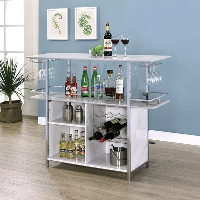 FOA-BT8343 Rianna white finish faux marble bar table with wine racks and foot rest