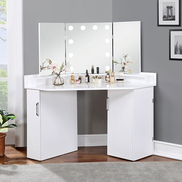 FOA-DK5134WH 3 pc Rosdorf park lorybelle luminous white finish wood corner make up bedroom vanity set