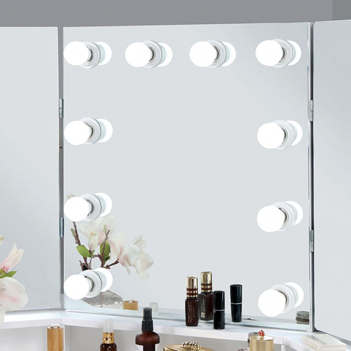 FOA-DK5134WH 3 pc Rosdorf park lorybelle luminous white finish wood corner make up bedroom vanity set