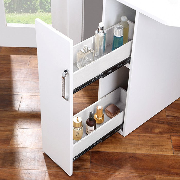FOA-DK5134WH 3 pc Rosdorf park lorybelle luminous white finish wood corner make up bedroom vanity set