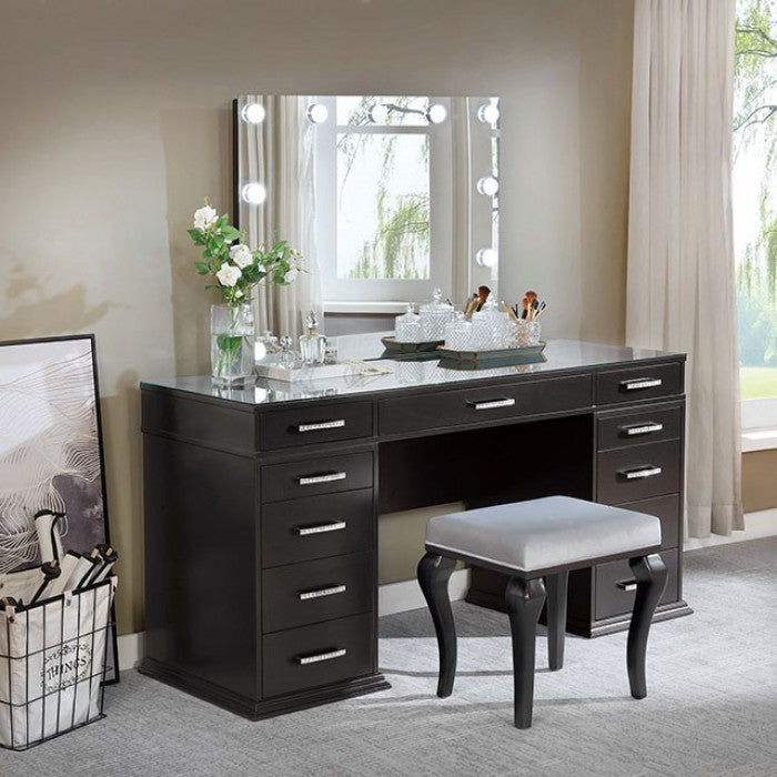 FOA-DK5682DG 3 pc Rosdorf park sheffield valentina obsidian gray finish wood make up bedroom vanity set