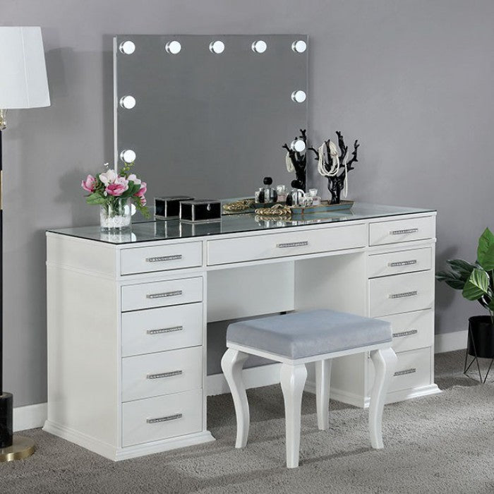 FOA-DK5682WH 3 pc Valentina luminous white finish bedroom vanity make up set Rosdorf park sheffield