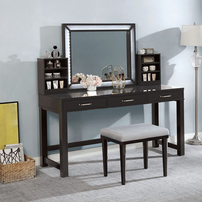 FOA-DK5685DG 3 pc Rosdorf park sheffield stephanie obsidian gray finish wood make up bedroom vanity set