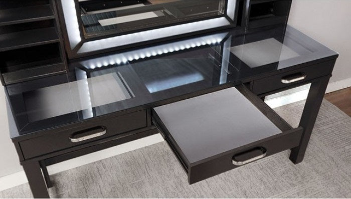 FOA-DK5685DG 3 pc Rosdorf park sheffield stephanie obsidian gray finish wood make up bedroom vanity set