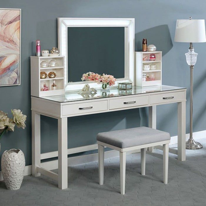 FOA-DK5685WH 3 pc Rosdorf park sheffield stephanie luminous white finish wood make up bedroom vanity set