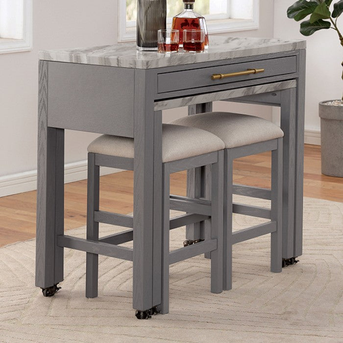 FOA3544LG-PT-3PC 3 pc Whitehall light gray finish wood faux marble top padded seats counter height dining table set