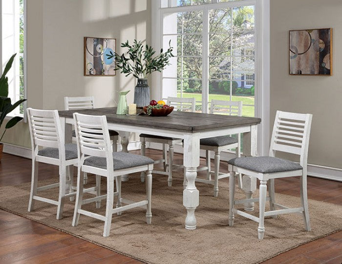 FOA3908PT-7PC 7 pc Calabria antique white and gray finish wood turned legs counter height dining table set
