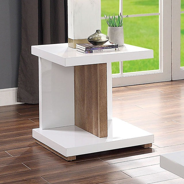 FOA4495E Ebern designs arabinda moa natural tone wood high gloss white finish end table