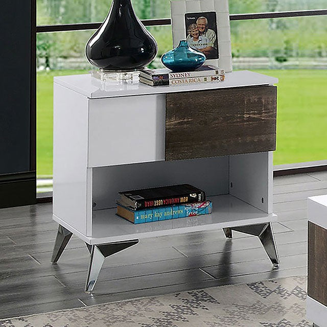 FOA4535E Orren ellis kother corinne distressed dark oak finish wood high gloss white finish end table