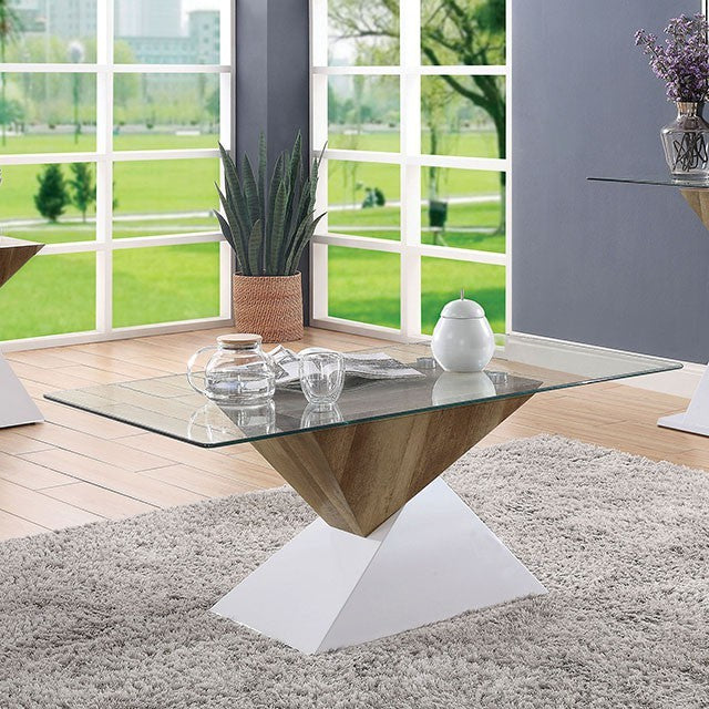 FOA4746C Ebern designs arabinda Bima natural tone wood high gloss white finish coffee table with glass top