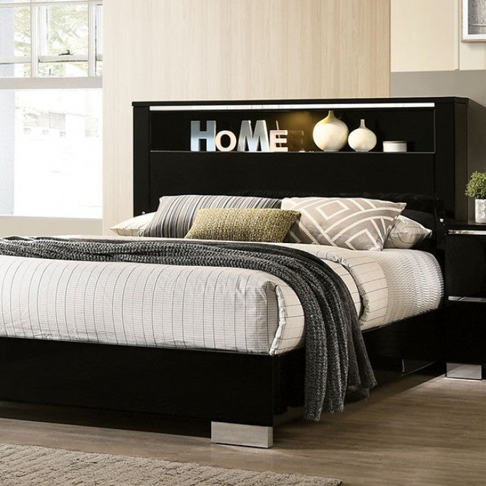 FOA7039-4PC 4 pc Red barrell studio lidya carlie high gloss black finish wood modern queen bed with LED headboard set