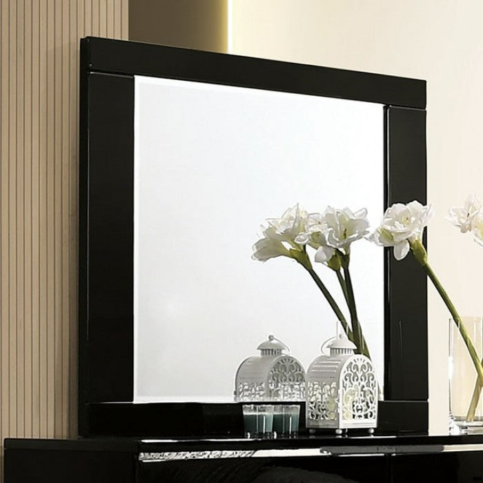 FOA7189-BK 4 pc Rosdorf park Erlach black high gloss finish wood art deco design LED lighting Queen bedroom set