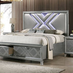 FOA7147 4 pc Rosdorf park Emmeline silver finish wood art deco design LED lighting queen bedroom set