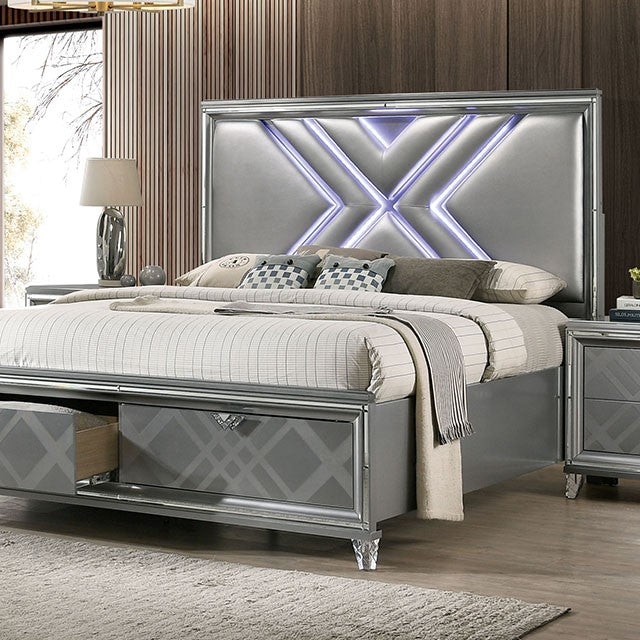 FOA7147 4 pc Rosdorf park Emmeline silver finish wood art deco design LED lighting queen bedroom set