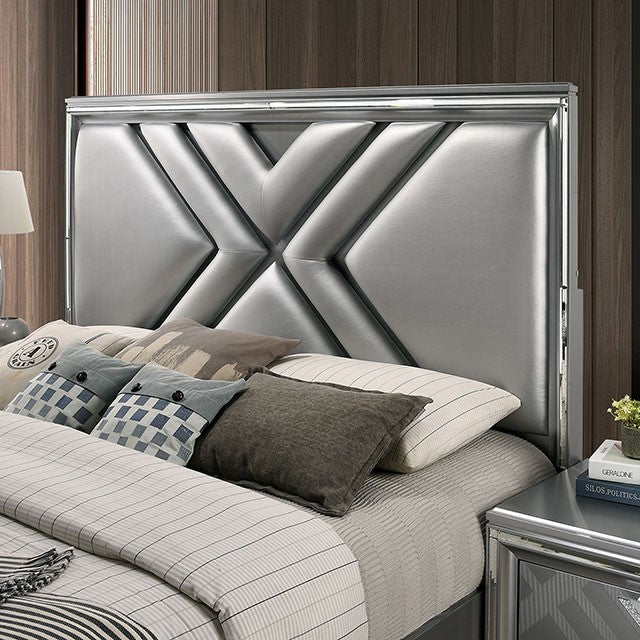 FOA7147 4 pc Rosdorf park Emmeline silver finish wood art deco design LED lighting queen bedroom set