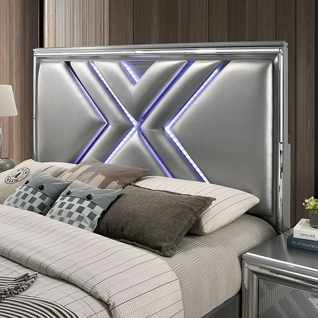 FOA7147 4 pc Rosdorf park Emmeline silver finish wood art deco design LED lighting queen bedroom set