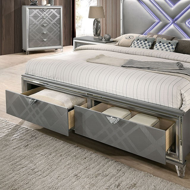 FOA7147 4 pc Rosdorf park Emmeline silver finish wood art deco design LED lighting queen bedroom set