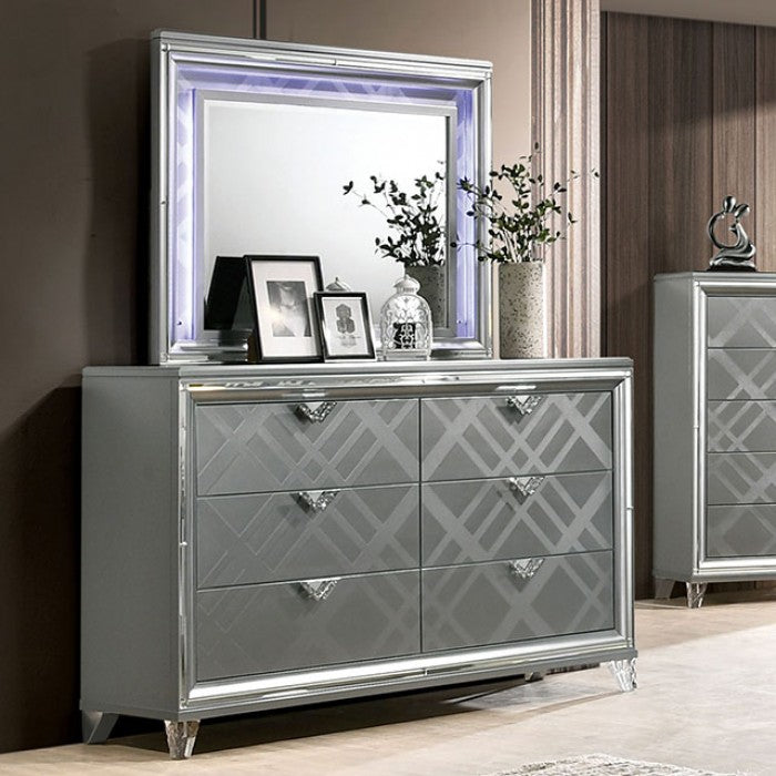 FOA7147 4 pc Rosdorf park Emmeline silver finish wood art deco design LED lighting queen bedroom set