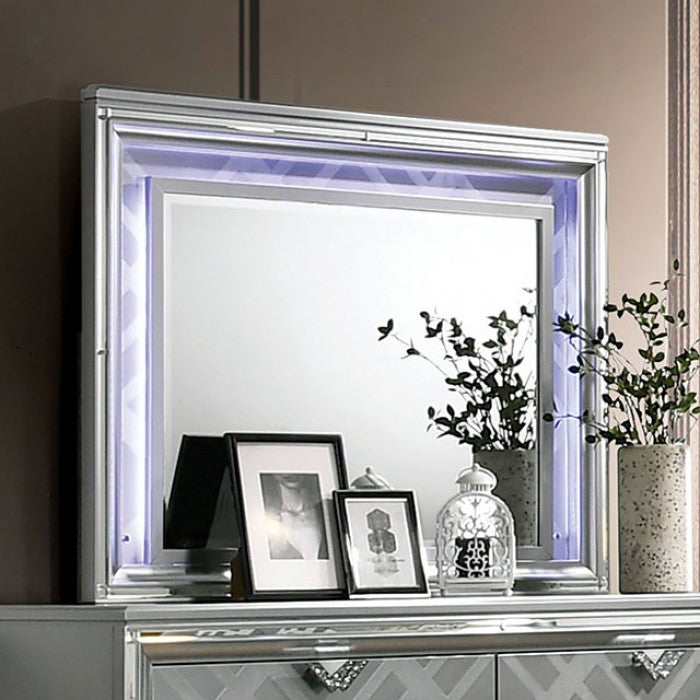 FOA7147 4 pc Rosdorf park Emmeline silver finish wood art deco design LED lighting queen bedroom set