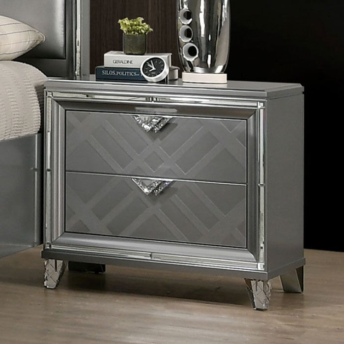 FOA7147 4 pc Rosdorf park Emmeline silver finish wood art deco design LED lighting queen bedroom set