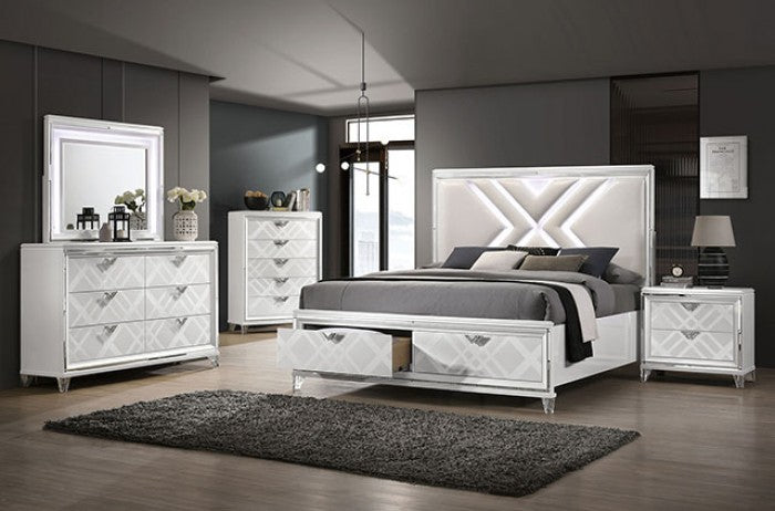 FOA7147WH-4PC 4 pc Emmeline white finish wood art deco design LED lighting queen bedroom set